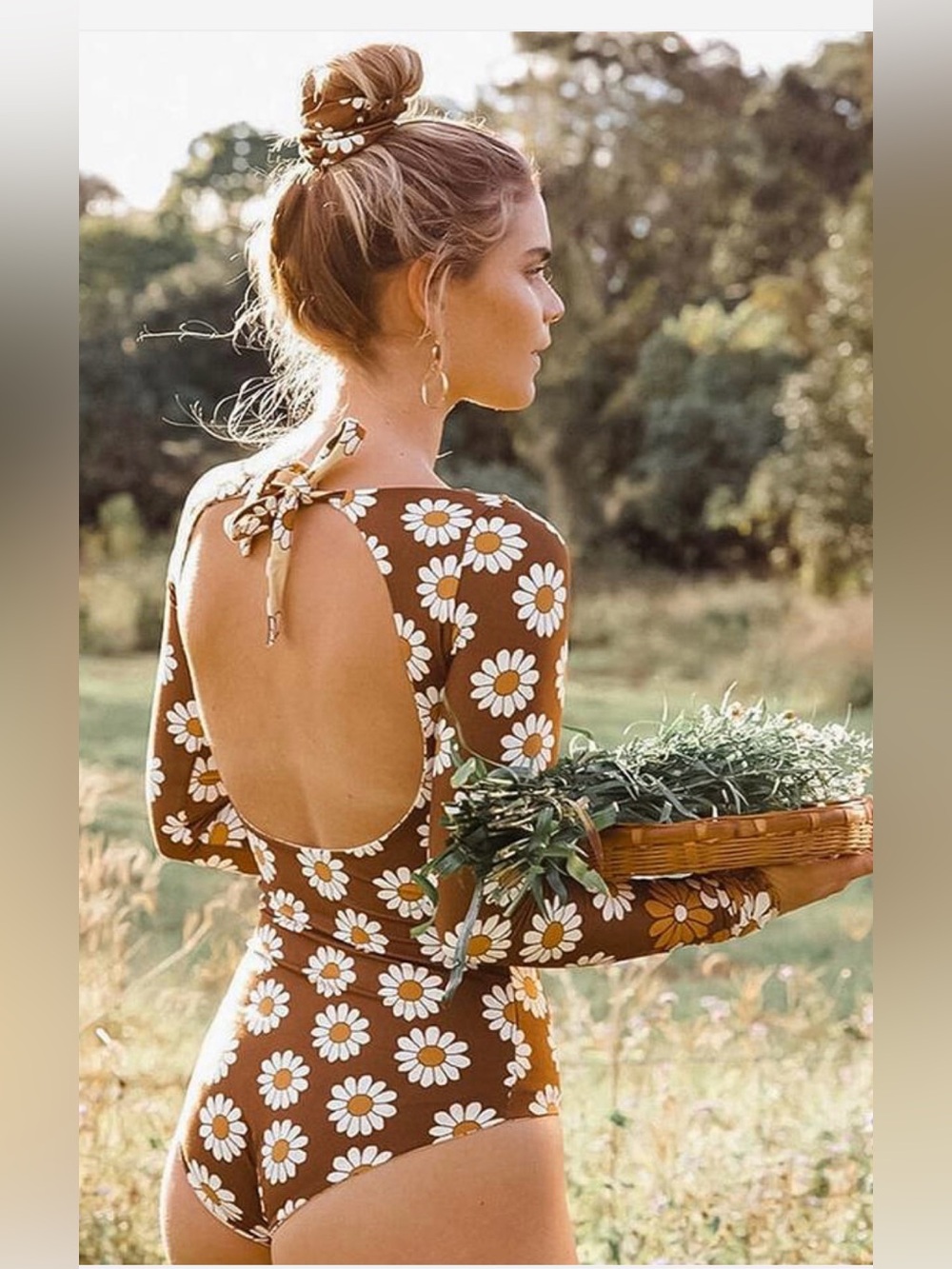 Franki Daisy Print Long Sleeve Open-Back Swimsuit - Brown & White